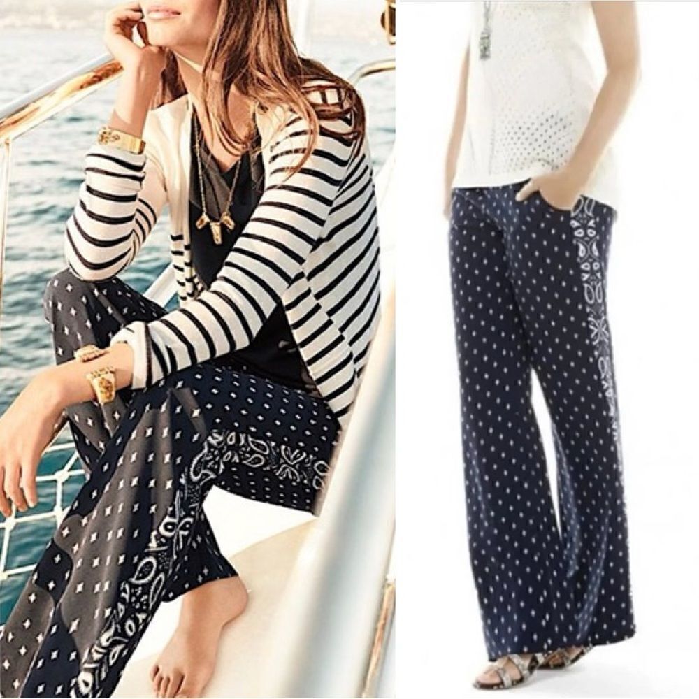 CAbi Paisley Track Star Navy Blue White Wide Leg Casual Pants, Size 8
